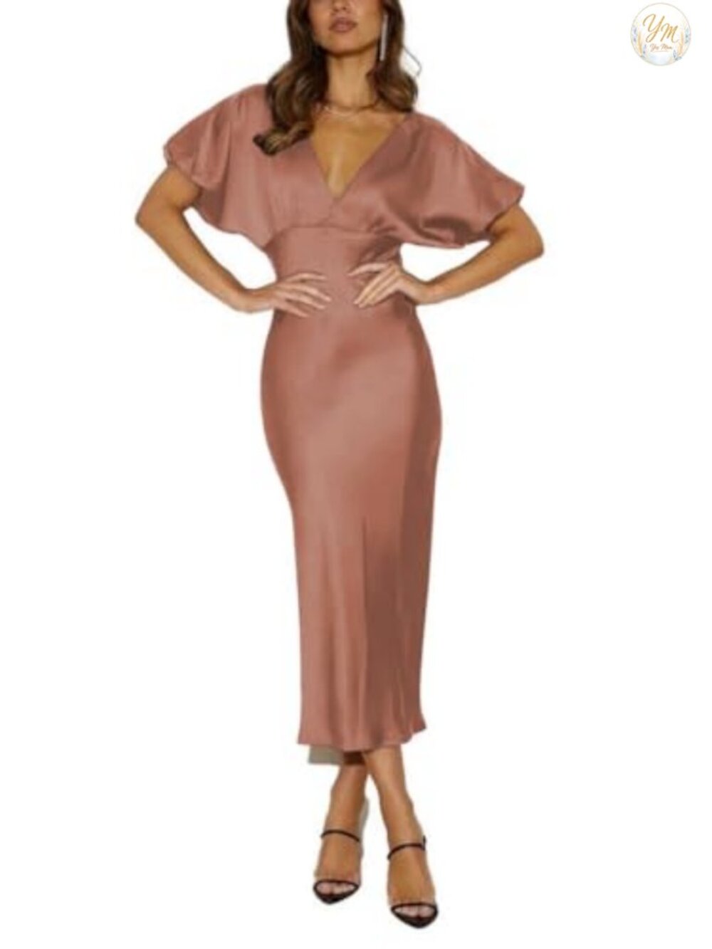 Satin V Neck Puffy Sleeve Midi Dress Women Open Back